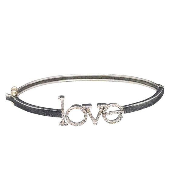 LOVE Initial Designer 925 Silver Pave Diamond Bangle Bracelet With Gold Clasp - Picture 1 of 6